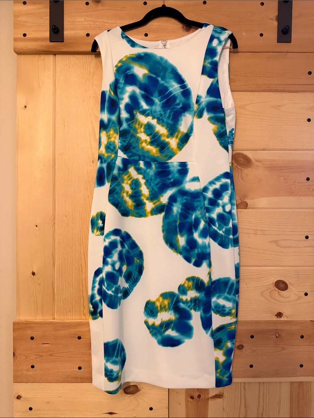 Calvin Klein Scuba Sheath Dress - Blue & Yellow Abstract Geode Print